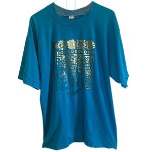 Vintage 80s 90s Mexico Graphic Tee Large Blue Gold Aztec Design Single Stitch
